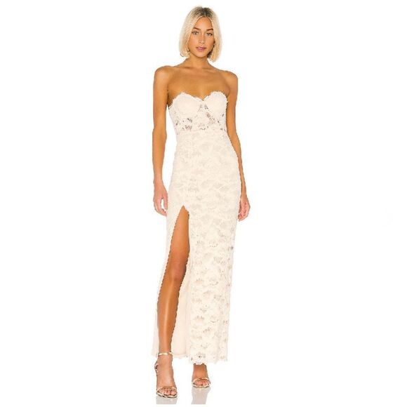 Lovers + Friends Cream Lace Ferro Corset Strapless Gown with Side Slit Size M - Picture 1 of 13